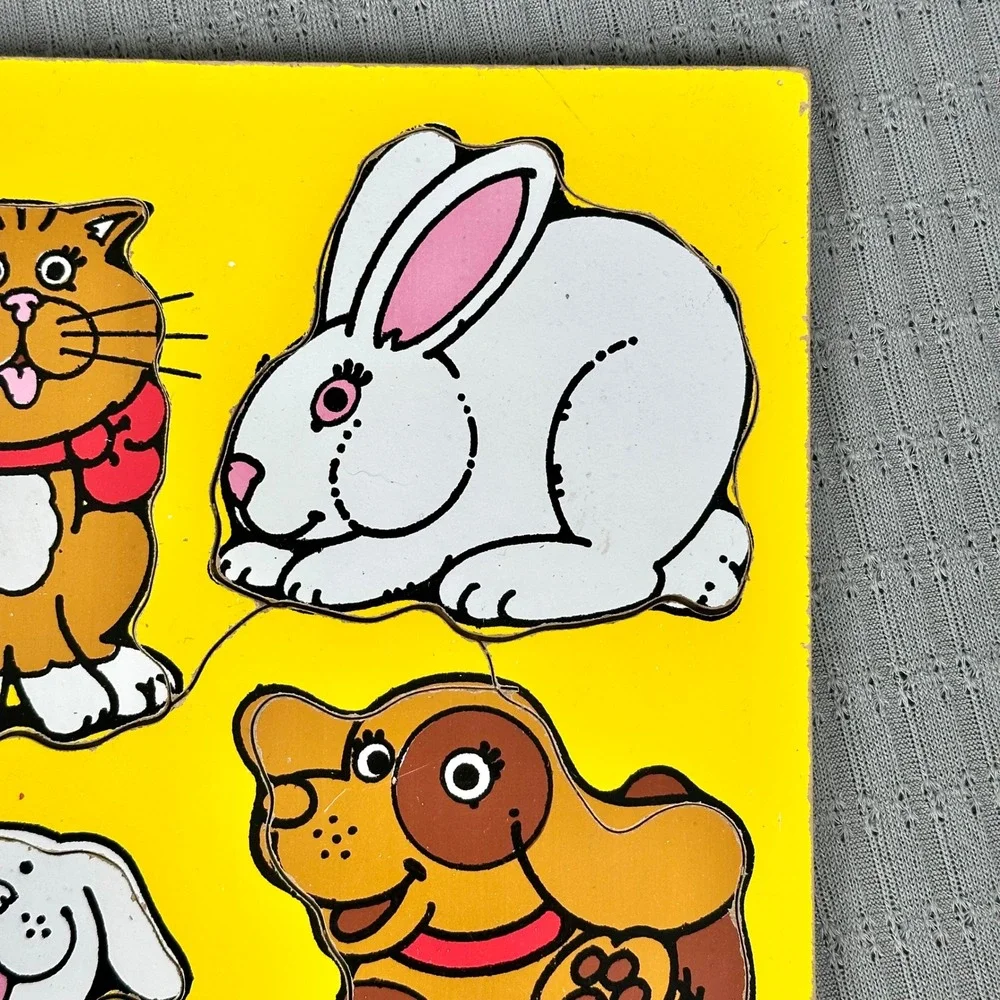 Vintage My Pets Wooden Peg Puzzle 4 Pieces Cat Dog Rabbit Puppy Made in USA